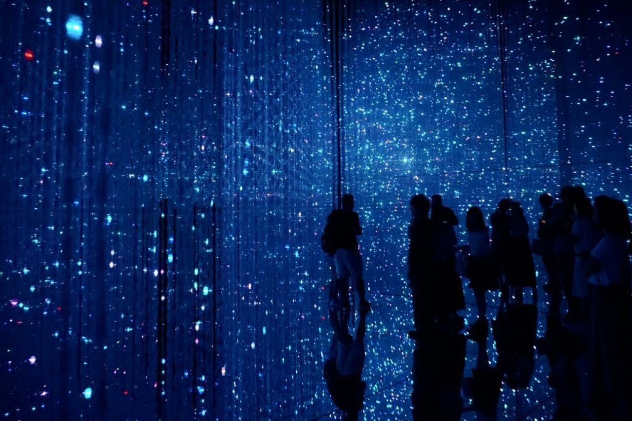 *expositions 2022*  des visiteurs au milieu d'une exposition immersive représentant u ciel étoilé