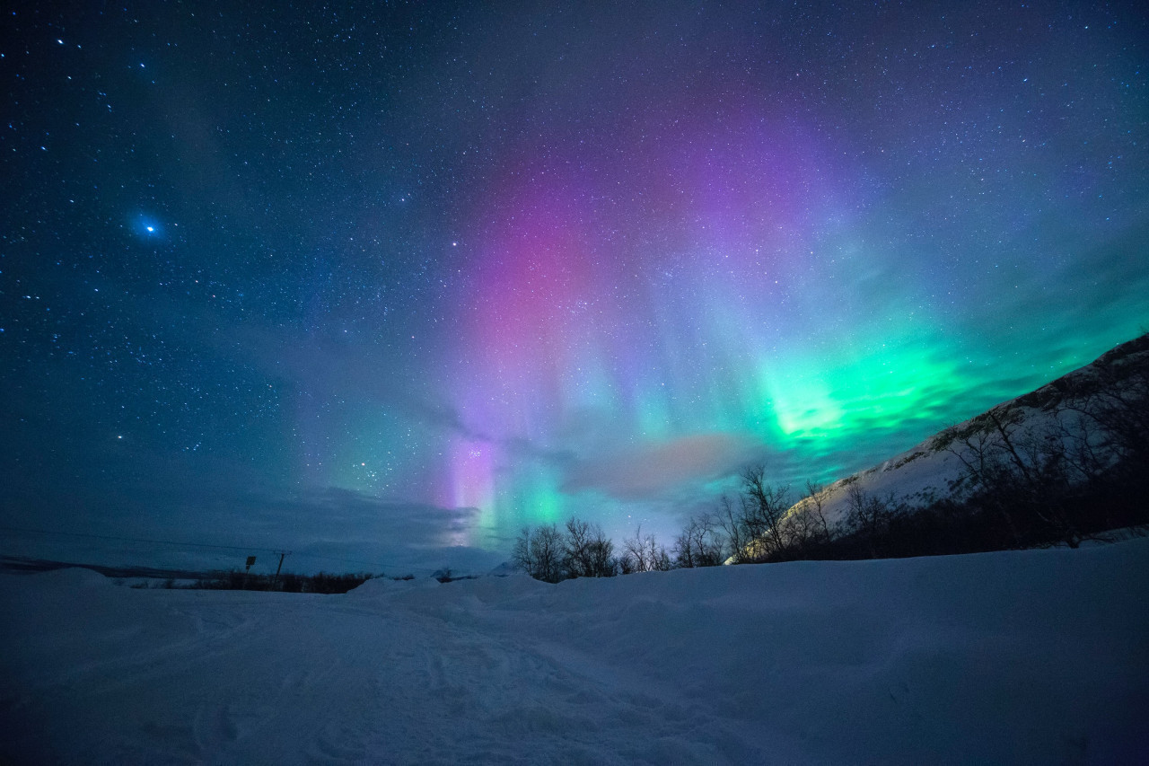 *aurore boreale*  paysage d'islande avec un ciel aux couleurs rose, vert et bleu et un parterre de neige